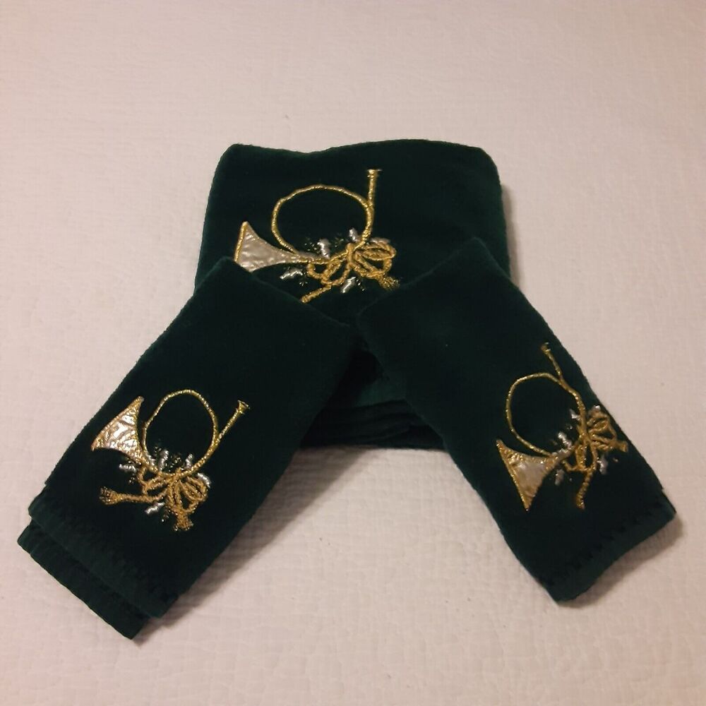 Vintage Christmas 3pc Towel Set Ribbons & Horns Hunter Green & Gold